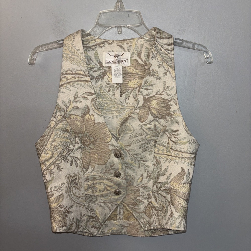 Vintage Longhorn Beige Floral Tapestry Vest Western Wear Women's Sz XS 90's USA